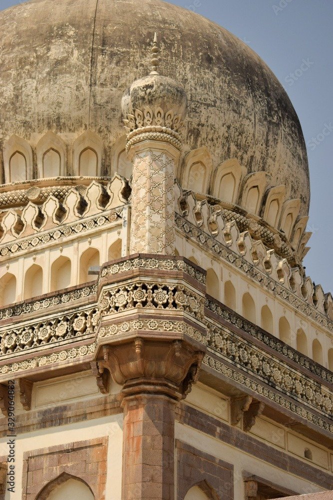 Intricate dome and minaret of the Qutb Shahi Tombs