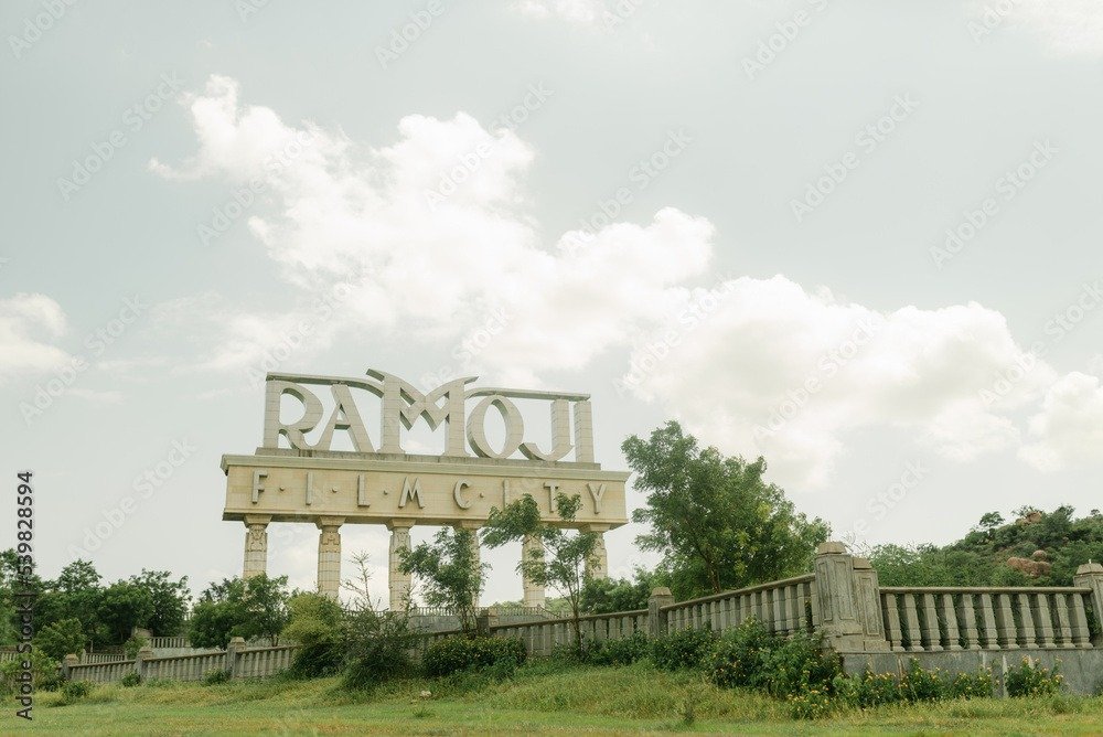 Ramoji Film City grand entrance sign and tour grounds